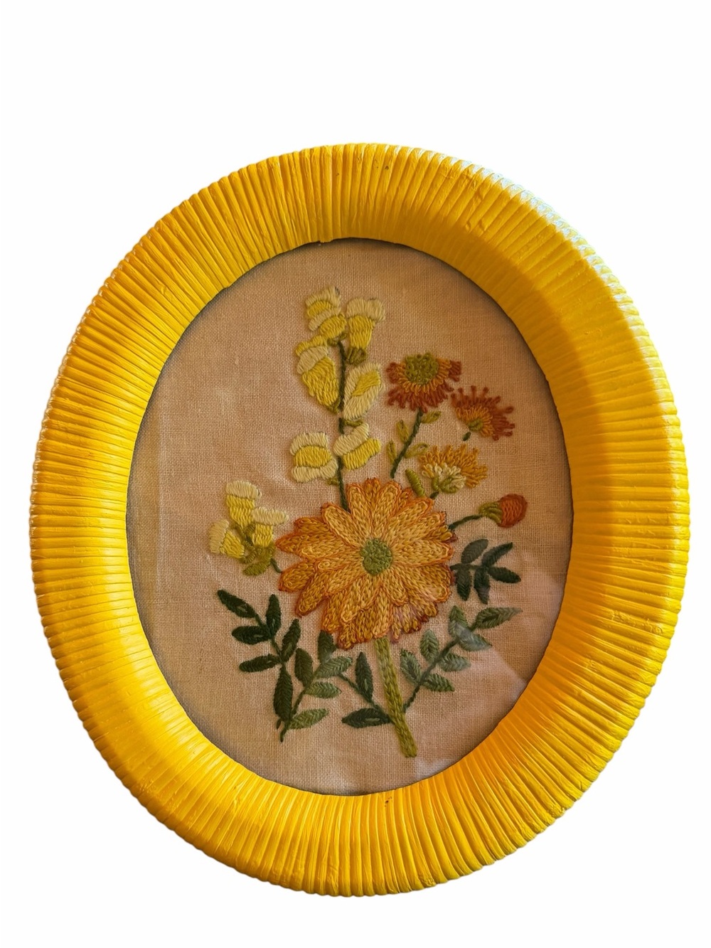 1970s Floral Crewel Embroidery 8x10 Oval Rattan Framed Tabletop/Wall Hanging